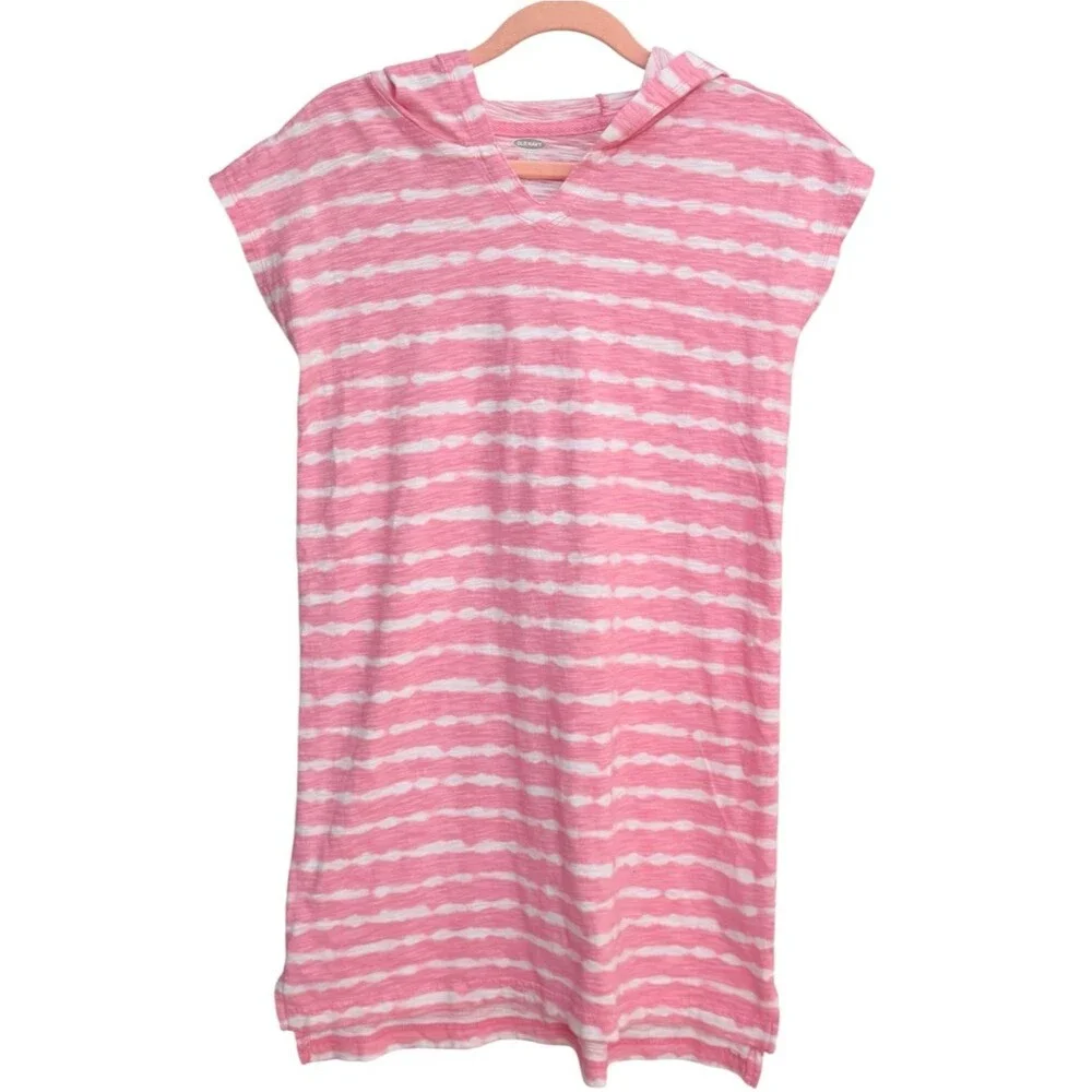 Old Navy Girls Pink White Stripe Cotton Hooded Swim Cover-up Dress. XL. 14.
